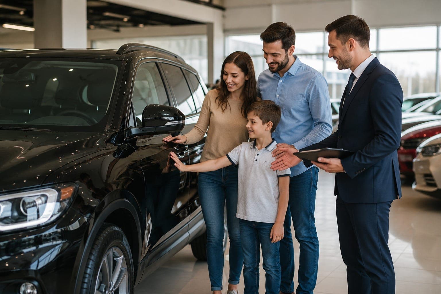 A happy family with their new vehicle
